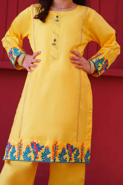 3 piece Yellow Embroidered Cotton Palazzo Suit with Sea Green Chiffon Dupatta & Laces.(Stitch)