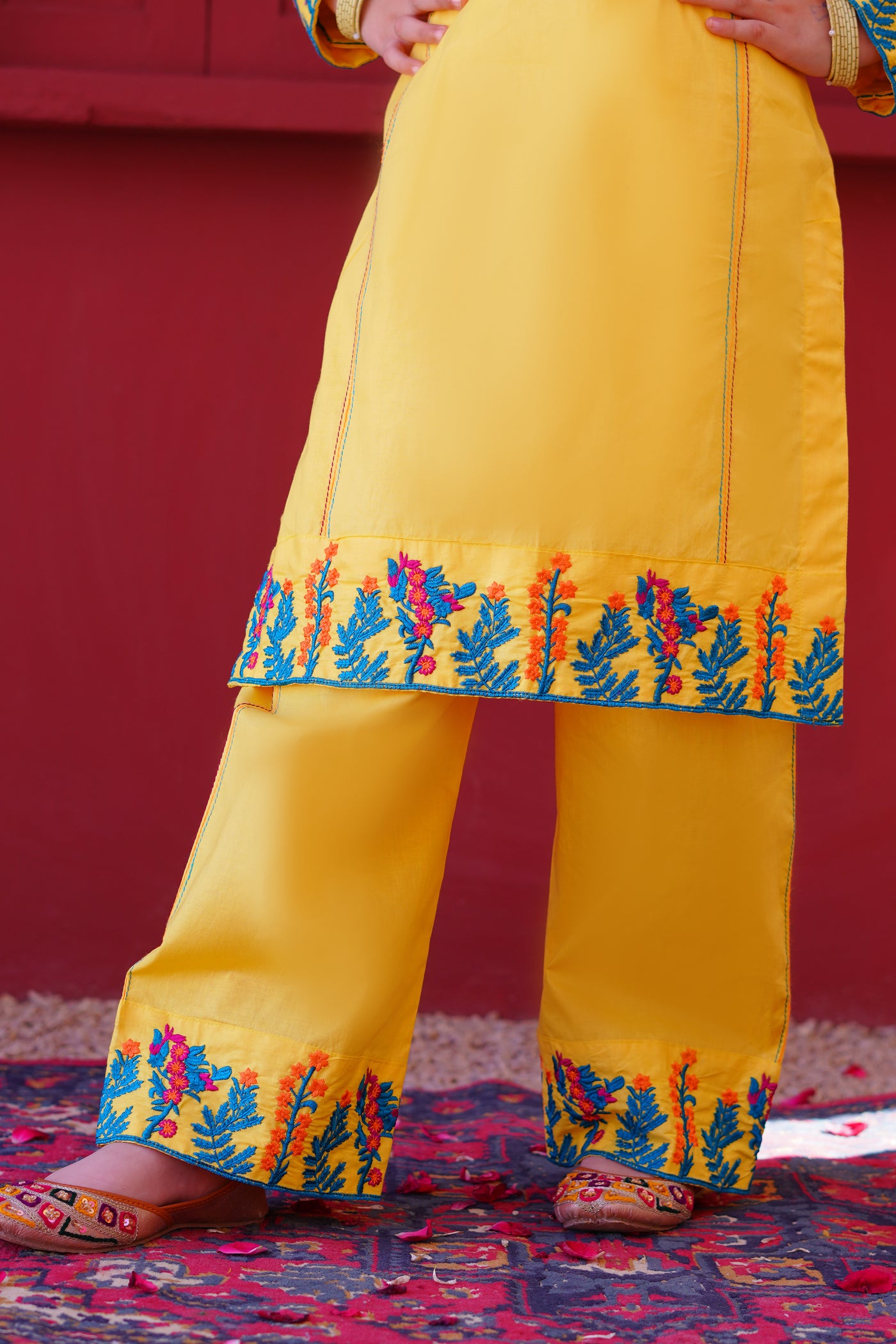 3 piece Yellow Embroidered Cotton Palazzo Suit with Sea Green Chiffon Dupatta & Laces.(Stitch)