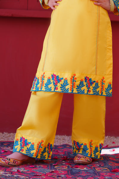 3 piece Yellow Embroidered Cotton Palazzo Suit with Sea Green Chiffon Dupatta & Laces.(Stitch)