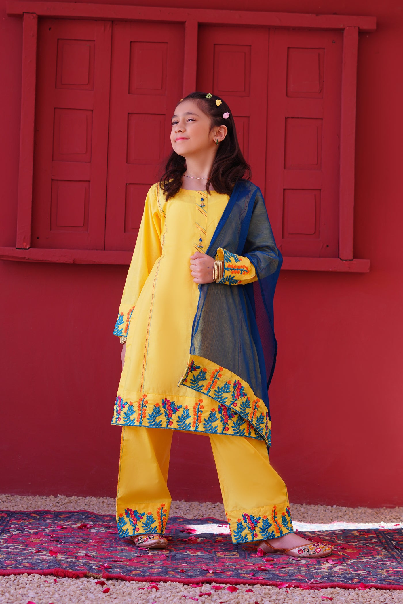 3 piece Yellow Embroidered Cotton Palazzo Suit with Sea Green Chiffon Dupatta & Laces.(Stitch)