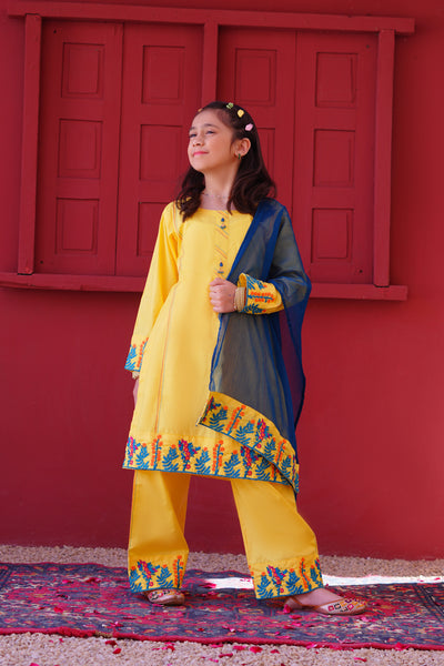 3 piece Yellow Embroidered Cotton Palazzo Suit with Sea Green Chiffon Dupatta & Laces.(Stitch)