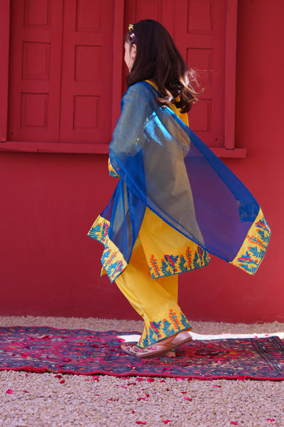 3 piece Yellow Embroidered Cotton Palazzo Suit with Sea Green Chiffon Dupatta & Laces.(Stitch)