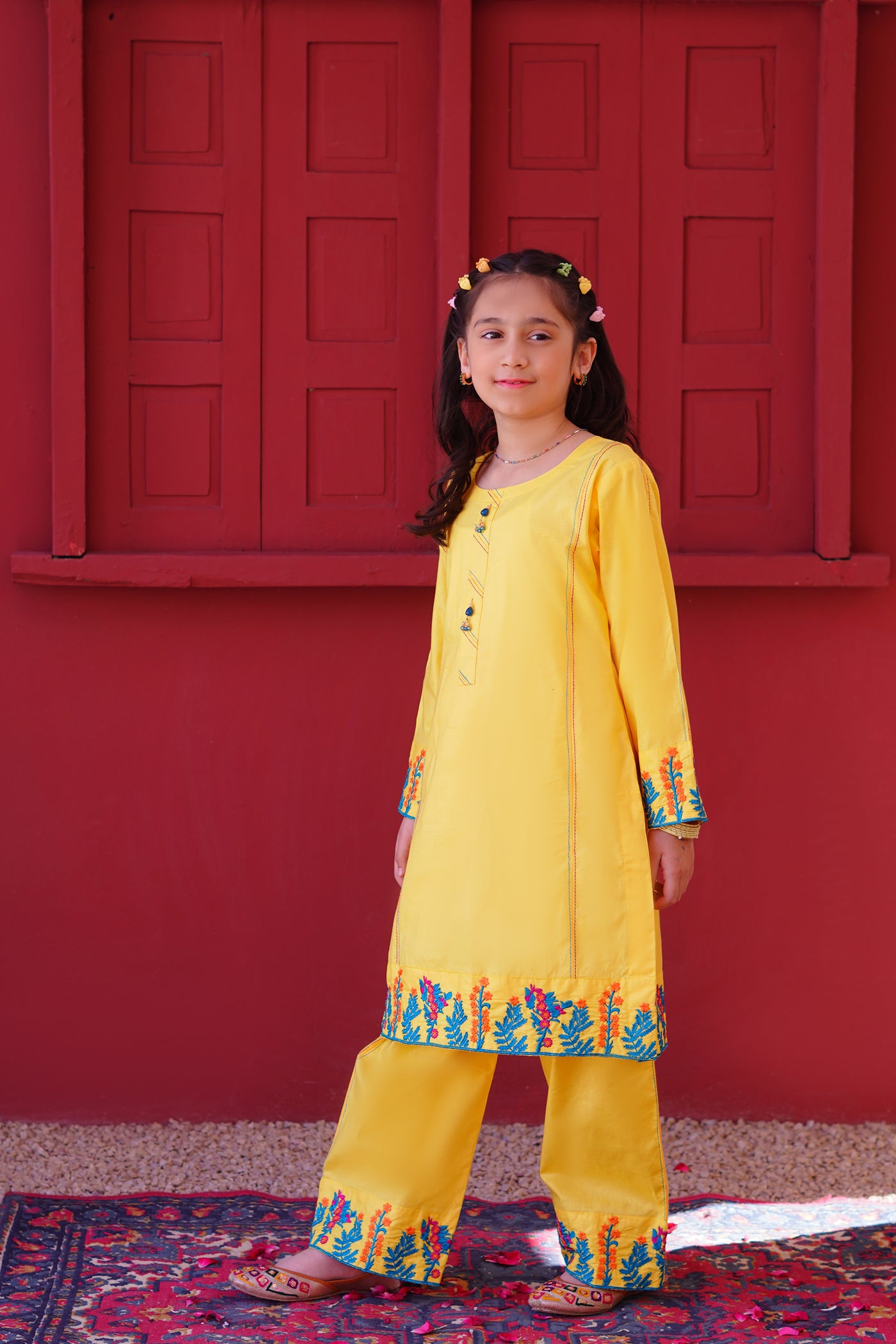 3 piece Yellow Embroidered Cotton Palazzo Suit with Sea Green Chiffon Dupatta & Laces.(Stitch)