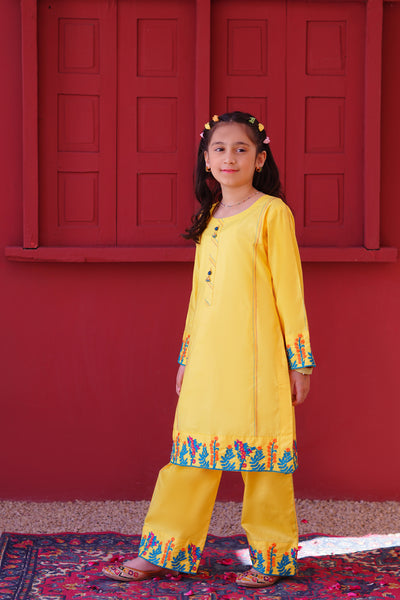 3 piece Yellow Embroidered Cotton Palazzo Suit with Sea Green Chiffon Dupatta & Laces.(Stitch)
