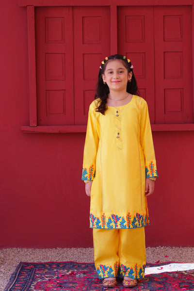 3 piece Yellow Embroidered Cotton Palazzo Suit with Sea Green Chiffon Dupatta & Laces.(Stitch)
