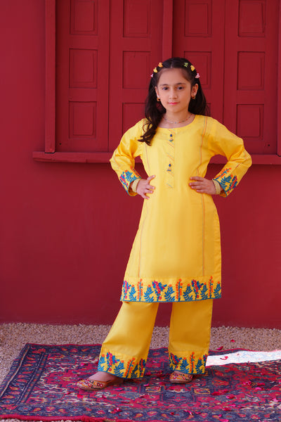 3 piece Yellow Embroidered Cotton Palazzo Suit with Sea Green Chiffon Dupatta & Laces.(Stitch)