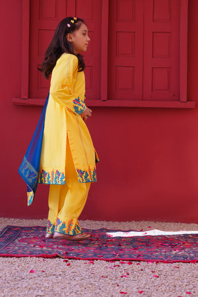 3 piece Yellow Embroidered Cotton Palazzo Suit with Sea Green Chiffon Dupatta & Laces.(Stitch)