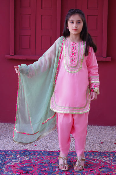 3 piece Baby Pink Embroidered Cotton Tulip Suit with Pistachio Green Chiffon Dupatta & Laces.(Stitch)