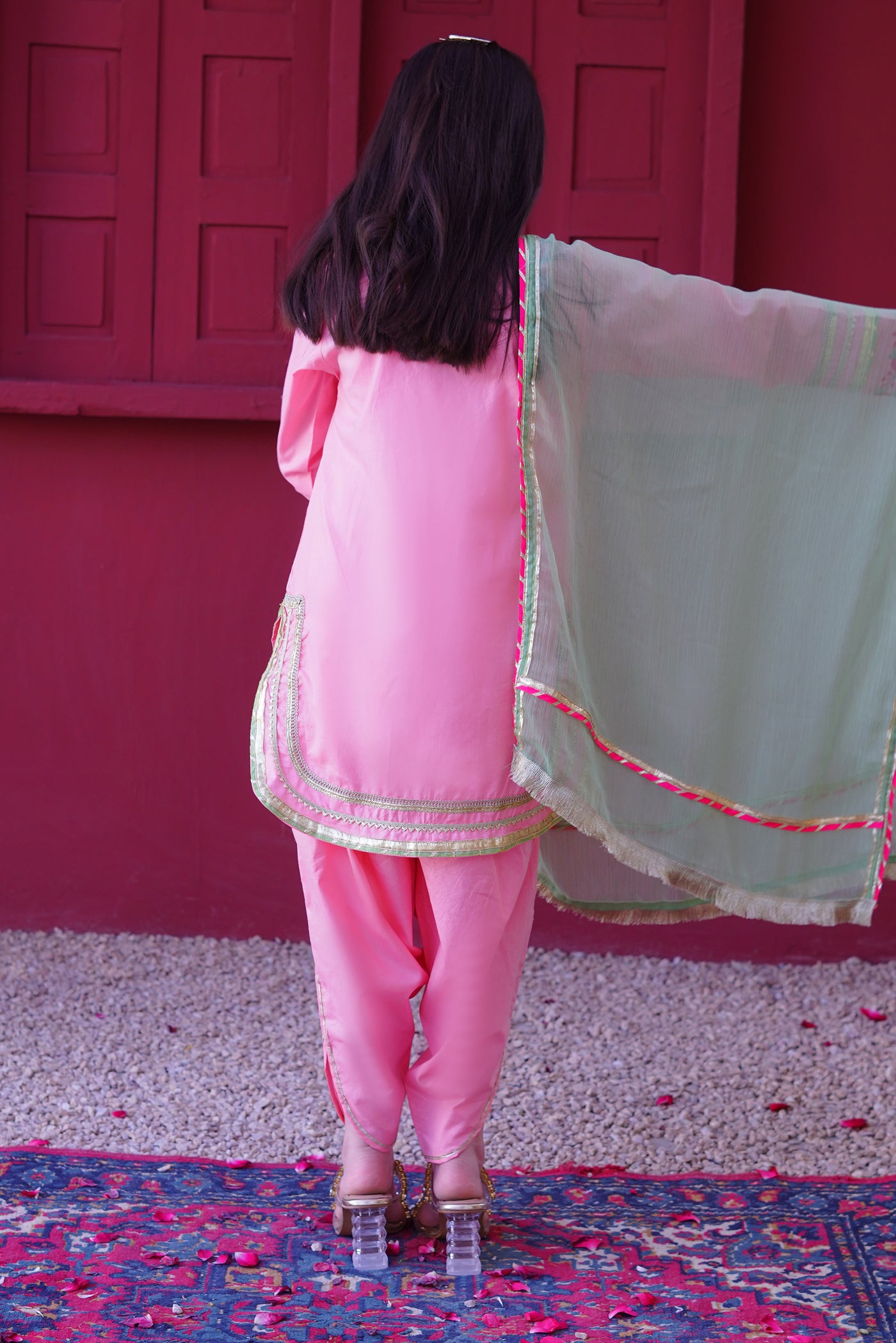 3 piece Baby Pink Embroidered Cotton Tulip Suit with Pistachio Green Chiffon Dupatta & Laces.(Stitch)