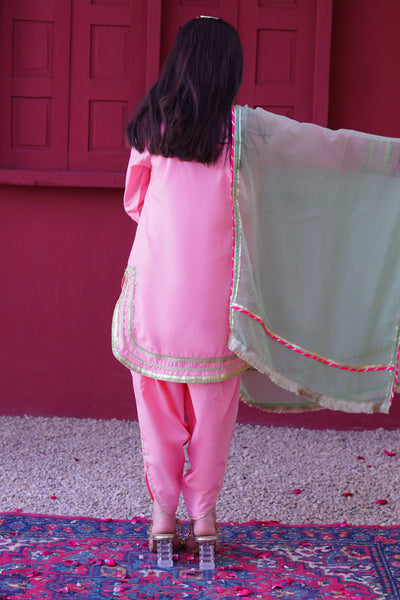 3 piece Baby Pink Embroidered Cotton Tulip Suit with Pistachio Green Chiffon Dupatta & Laces.(Stitch)