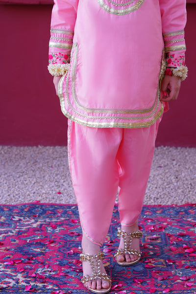 3 piece Baby Pink Embroidered Cotton Tulip Suit with Pistachio Green Chiffon Dupatta & Laces.(Stitch)