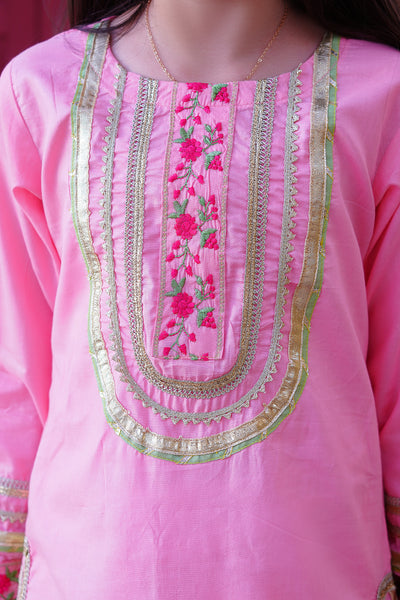 3 piece Baby Pink Embroidered Cotton Tulip Suit with Pistachio Green Chiffon Dupatta & Laces.(Stitch)