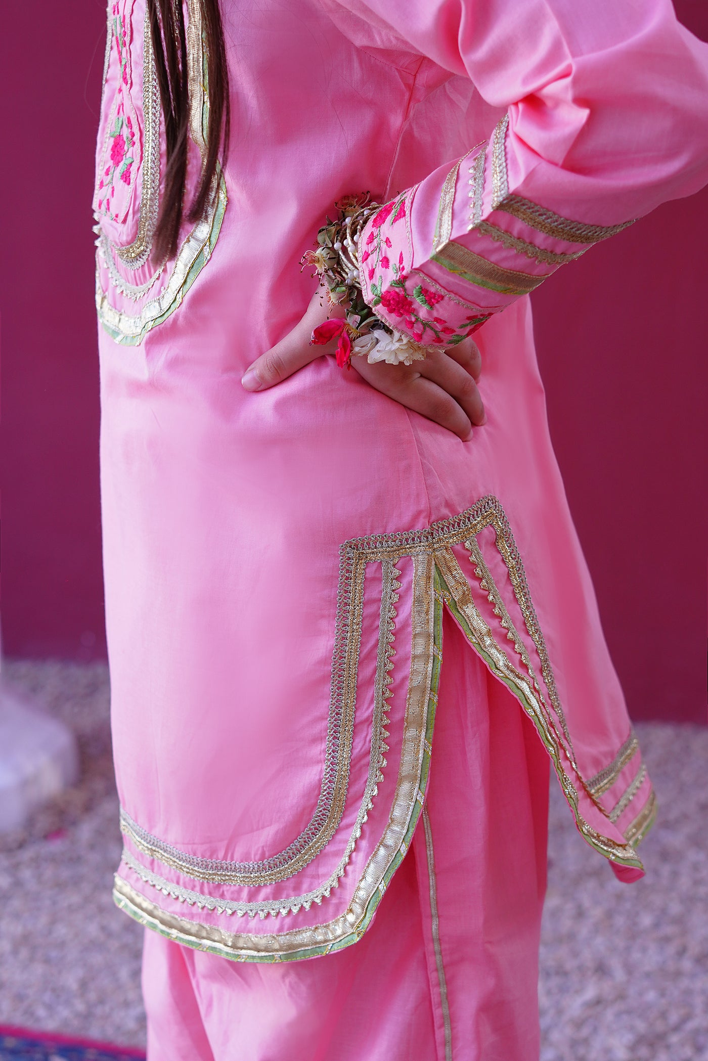 3 piece Baby Pink Embroidered Cotton Tulip Suit with Pistachio Green Chiffon Dupatta & Laces.(Stitch)