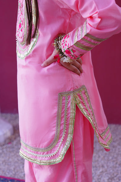 3 piece Baby Pink Embroidered Cotton Tulip Suit with Pistachio Green Chiffon Dupatta & Laces.(Stitch)