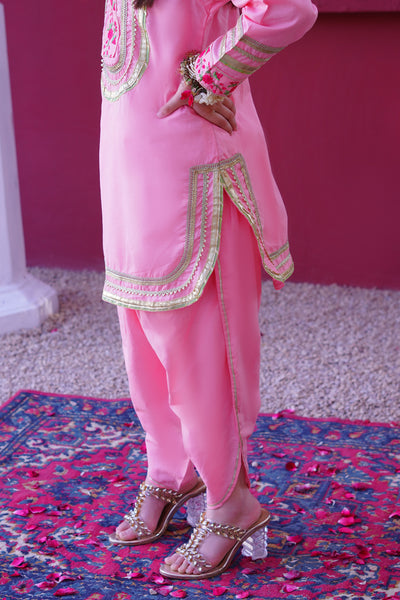 3 piece Baby Pink Embroidered Cotton Tulip Suit with Pistachio Green Chiffon Dupatta & Laces.(Stitch)