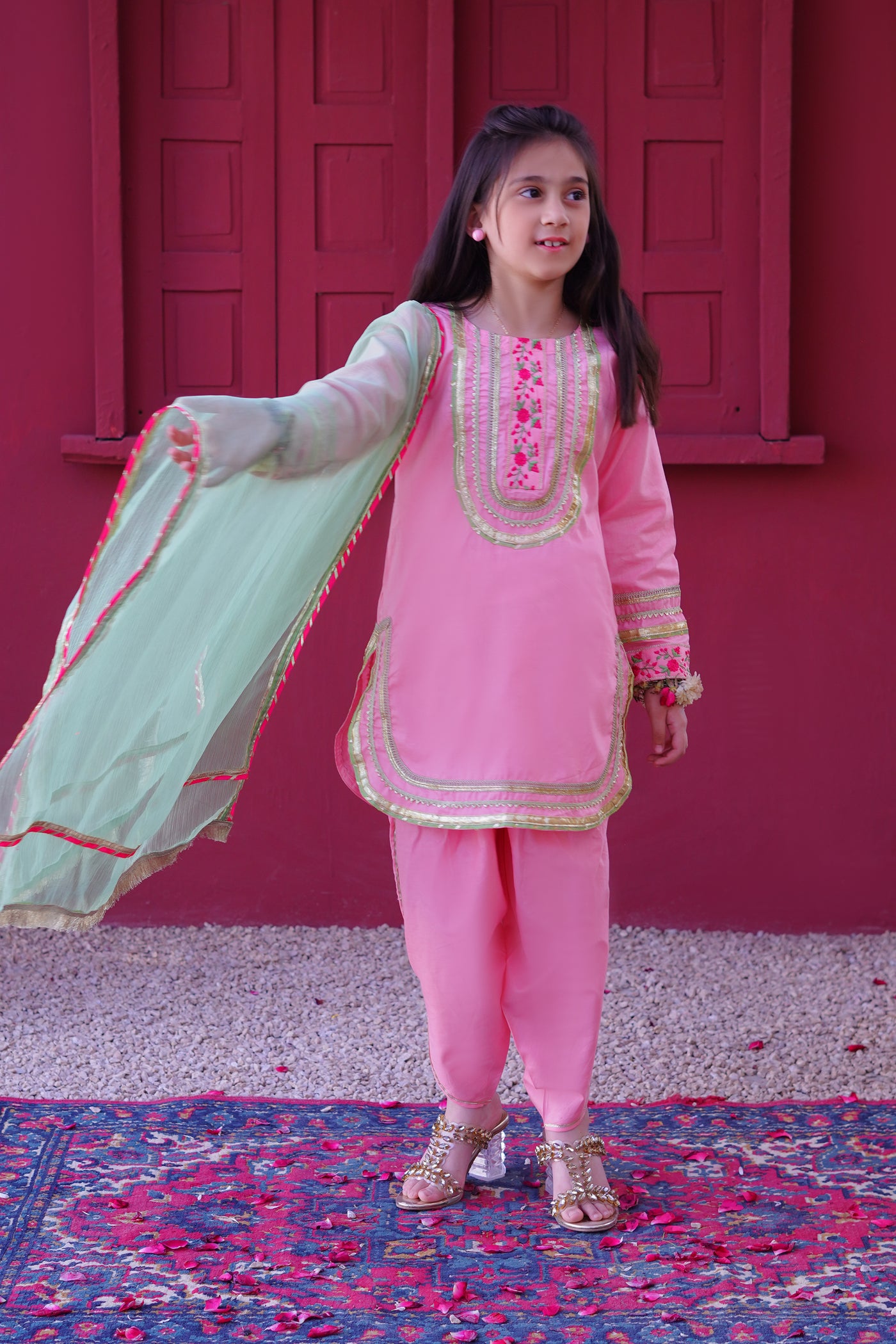 3 piece Baby Pink Embroidered Cotton Tulip Suit with Pistachio Green Chiffon Dupatta & Laces.(Stitch)