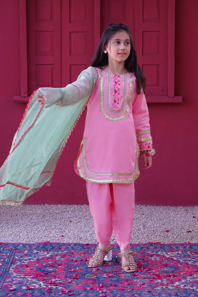 3 piece Baby Pink Embroidered Cotton Tulip Suit with Pistachio Green Chiffon Dupatta & Laces.(Stitch)