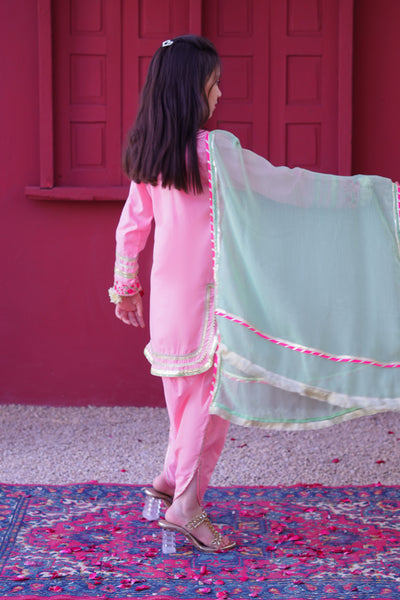3 piece Baby Pink Embroidered Cotton Tulip Suit with Pistachio Green Chiffon Dupatta & Laces.(Stitch)