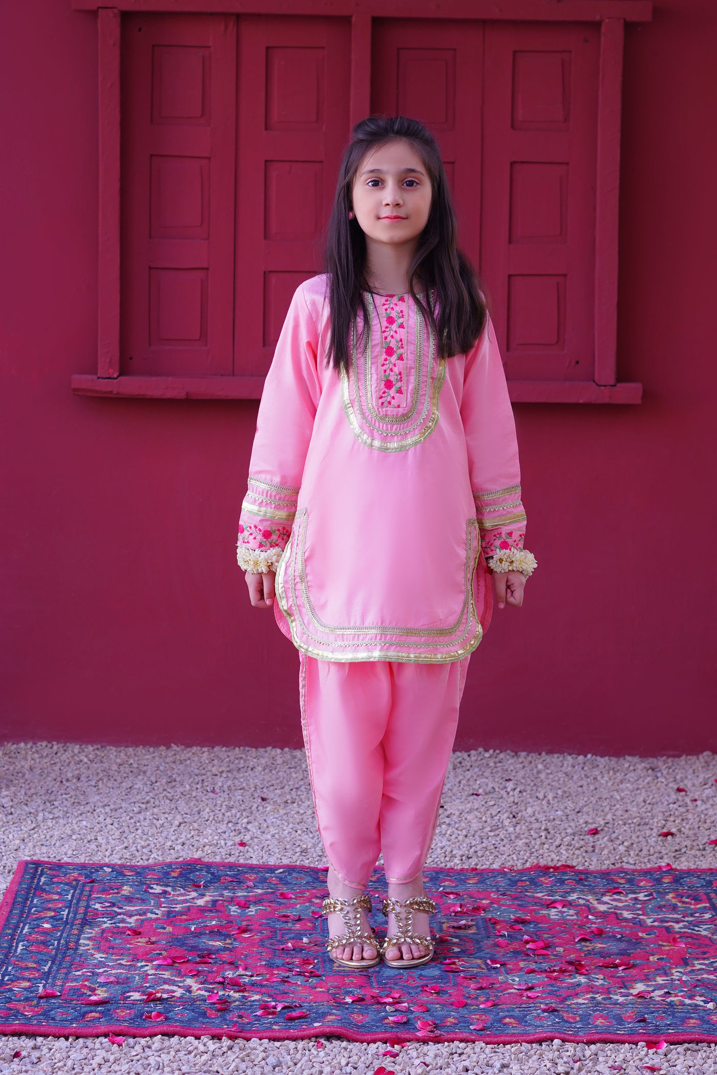 3 piece Baby Pink Embroidered Cotton Tulip Suit with Pistachio Green Chiffon Dupatta & Laces.(Stitch)