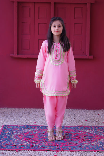 3 piece Baby Pink Embroidered Cotton Tulip Suit with Pistachio Green Chiffon Dupatta & Laces.(Stitch)