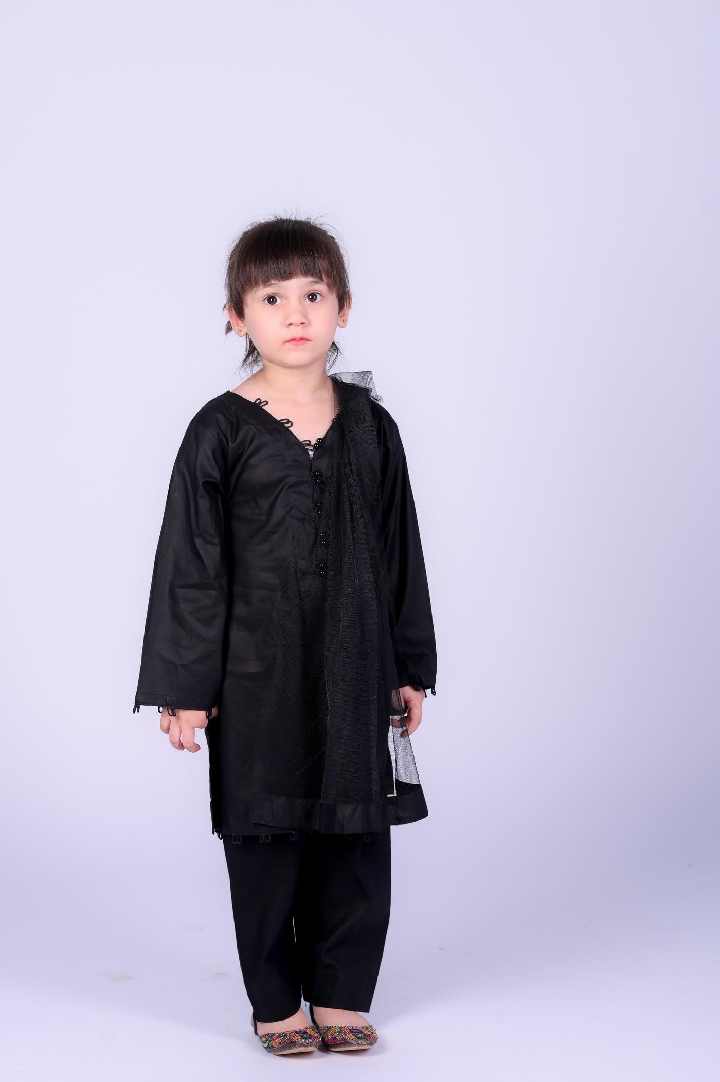 3 piece JET BLACK Cotton Suit with Black net Dupatta.(Stitch)