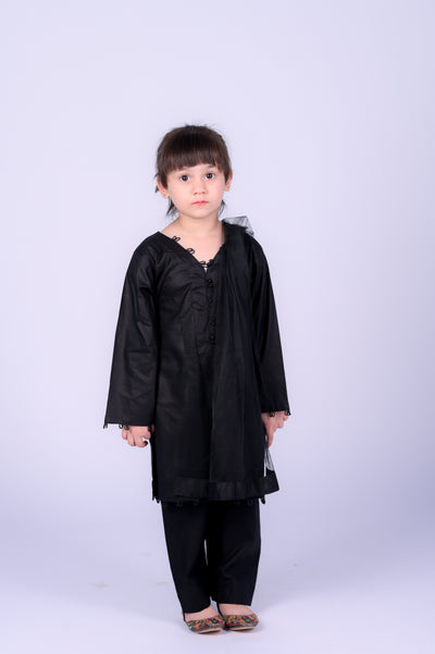 3 piece JET BLACK Cotton Suit with Black net Dupatta.(Stitch)