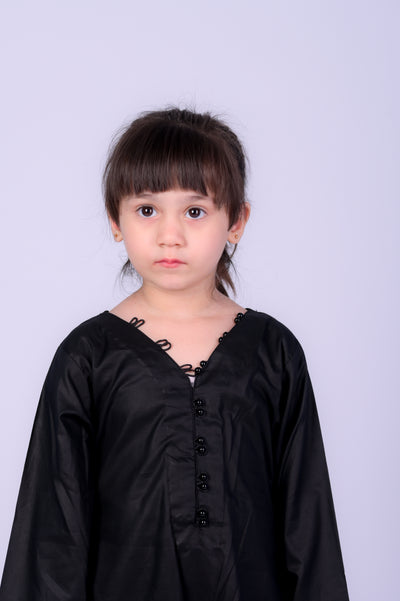 3 piece JET BLACK Cotton Suit with Black net Dupatta.(Stitch)