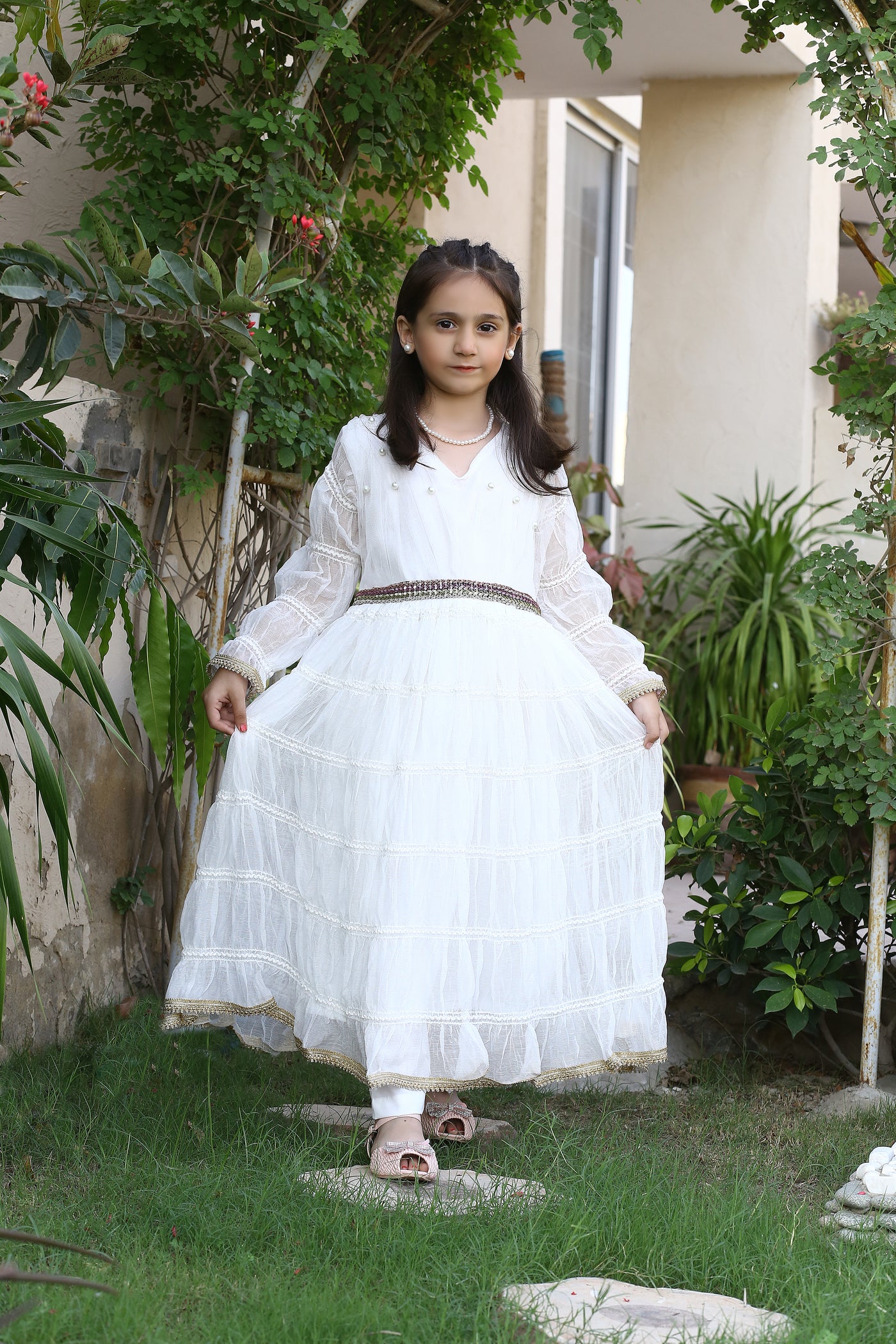 3 piece White Frill Frock with White Malai Trouser & Pistachio Green Chan Net Dupatta & beautiful Multi Laces.(Stitch)