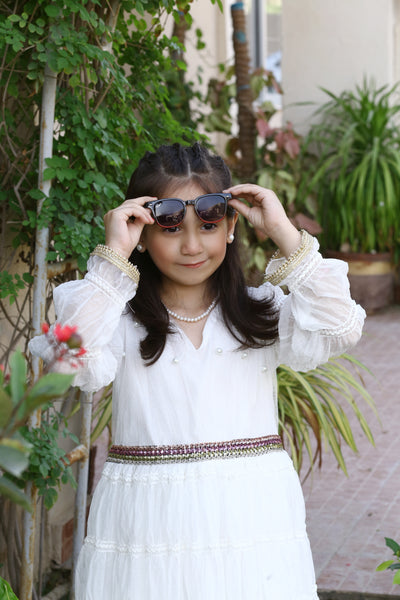 3 piece White Frill Frock with White Malai Trouser & Pistachio Green Chan Net Dupatta & beautiful Multi Laces.(Stitch)