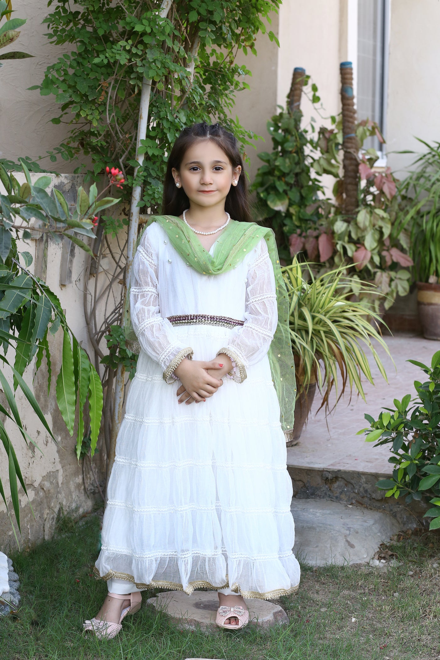 3 piece White Frill Frock with White Malai Trouser & Pistachio Green Chan Net Dupatta & beautiful Multi Laces.(Stitch)