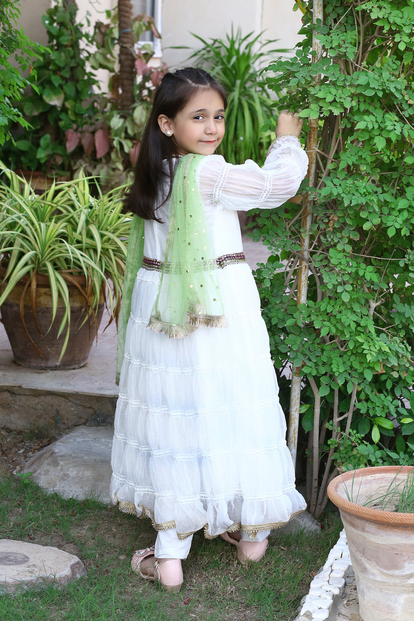 3 piece White Frill Frock with White Malai Trouser & Pistachio Green Chan Net Dupatta & beautiful Multi Laces.(Stitch)