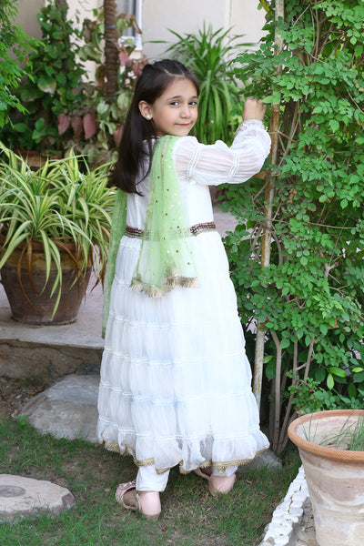 3 piece White Frill Frock with White Malai Trouser & Pistachio Green Chan Net Dupatta & beautiful Multi Laces.(Stitch)