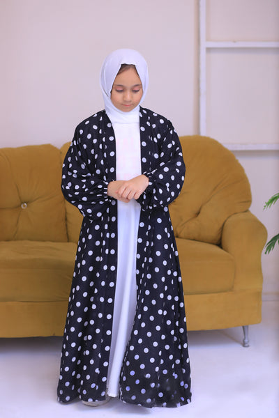 Printed  Black  & White Chiffon Polkadot Kimono Abaya.(Stitch)