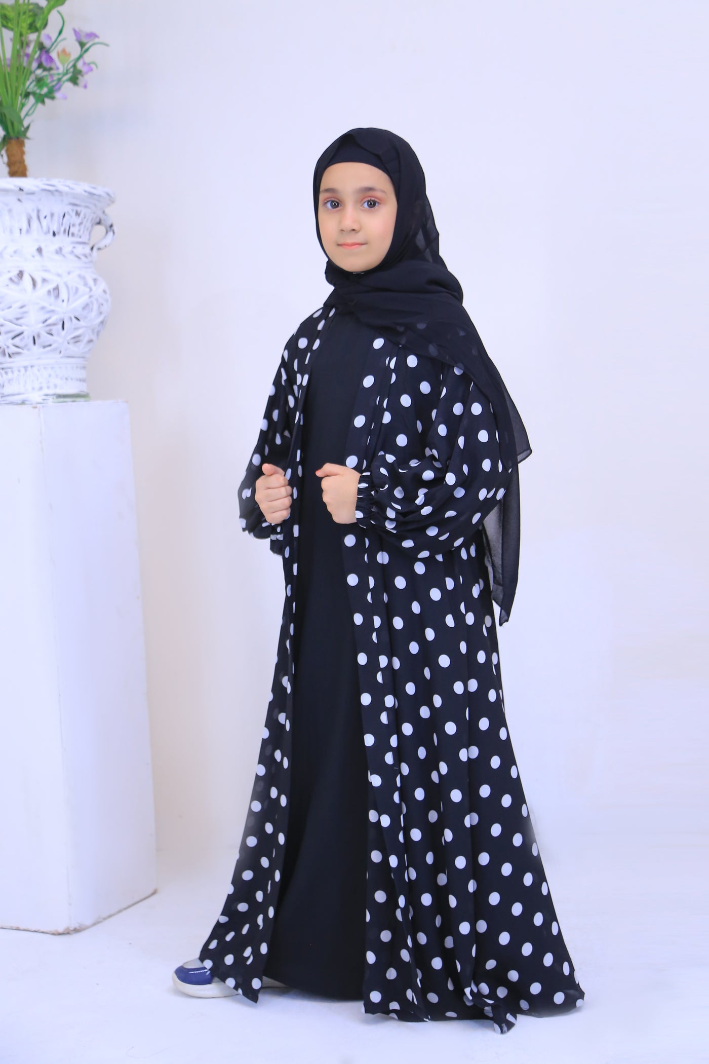 Printed  Black Chiffon Polkadot Kimono Abaya.(Stitch)