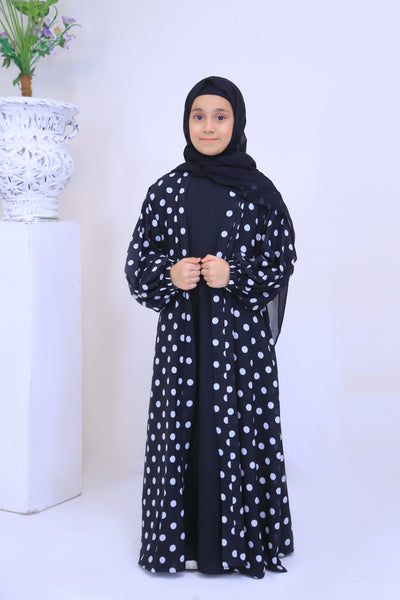 Printed  Black Chiffon Polkadot Kimono Abaya.(Stitch)