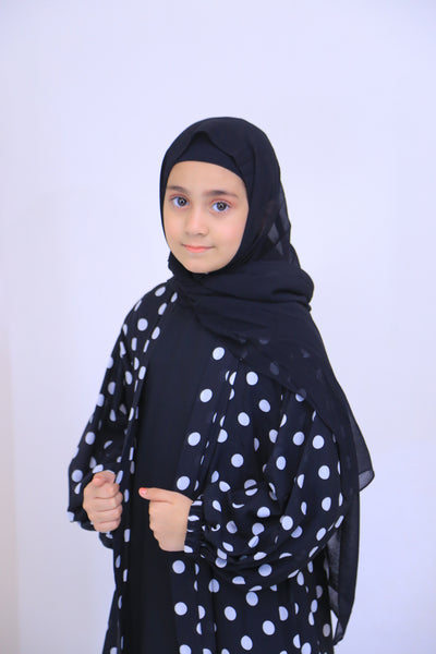 Printed  Black Chiffon Polkadot Kimono Abaya.(Stitch)