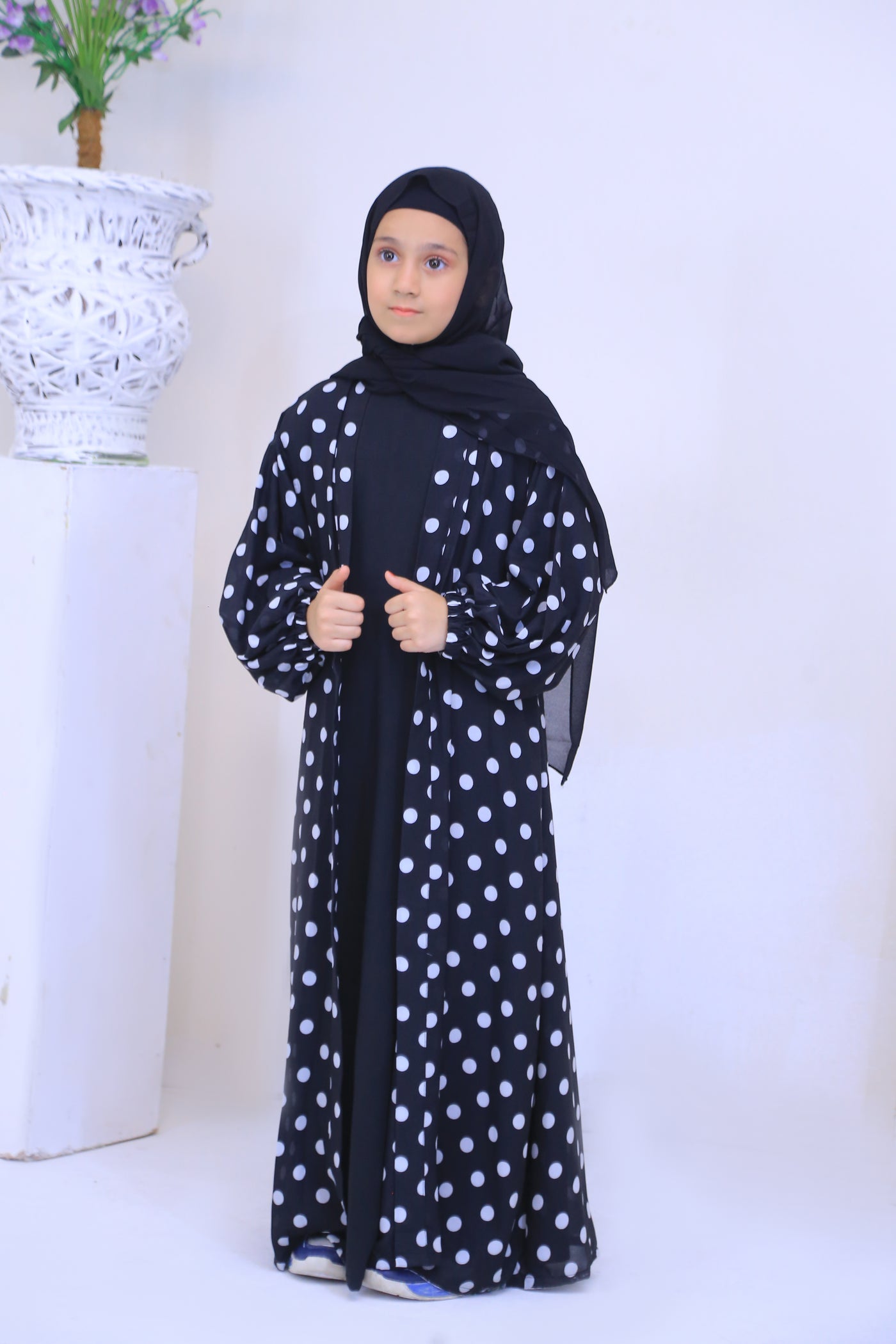 Printed  Black Chiffon Polkadot Kimono Abaya.(Stitch)