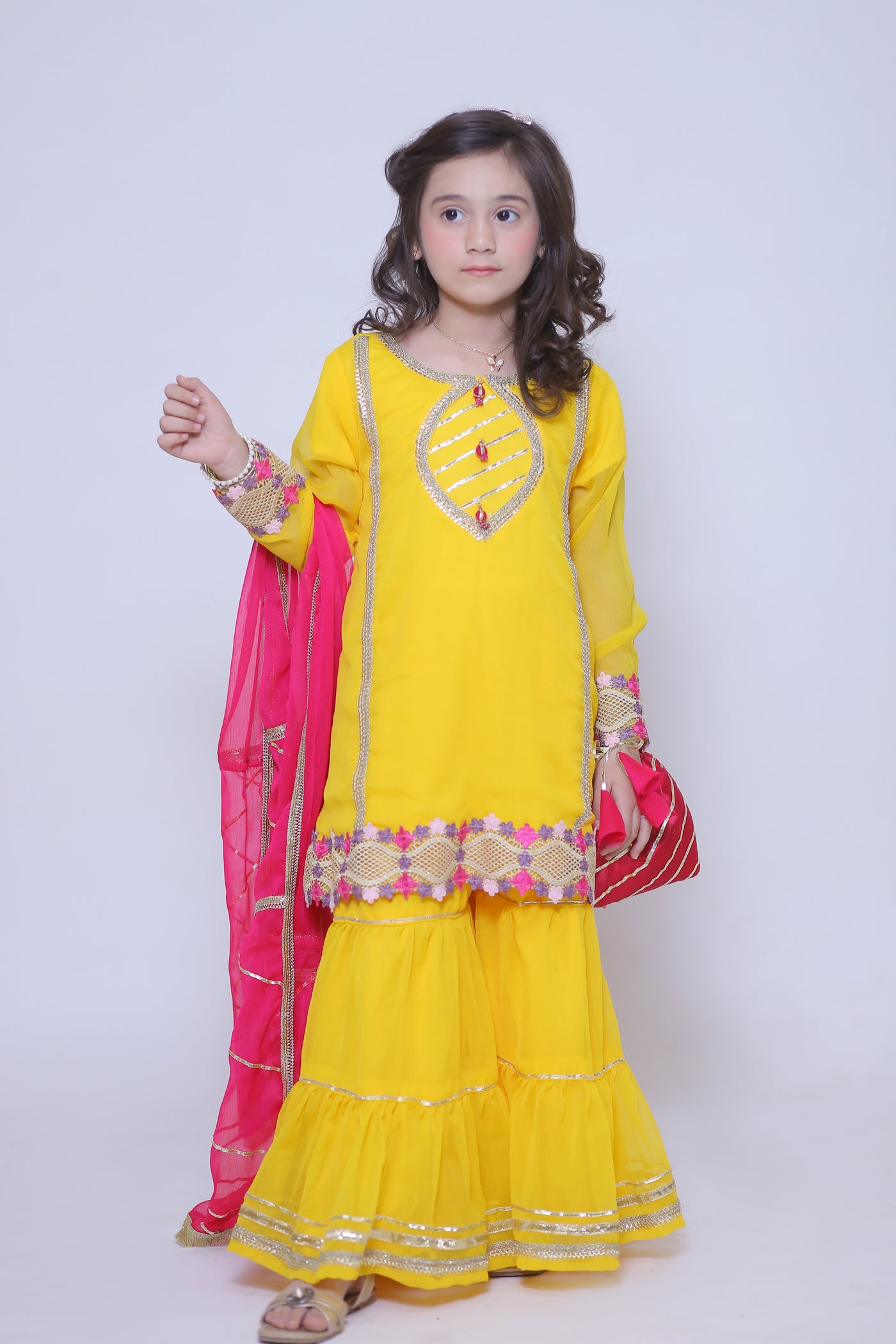 3 piece Beautiful Stunning Yellow Chiffon Gharara Suit with Shocking Pink Chiffon Dupatta & Laces with Free Pouch.(Stitch)