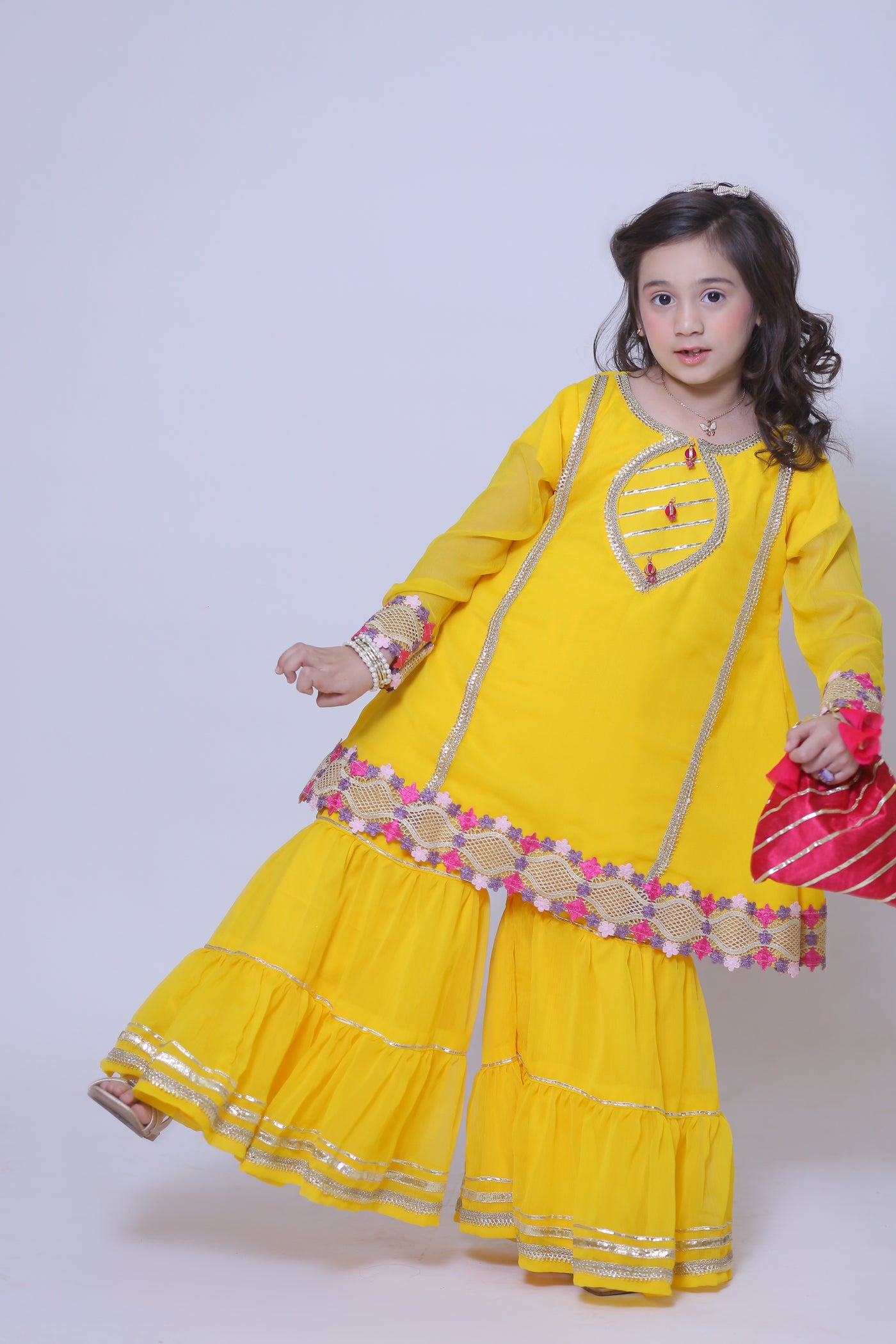 3 piece Beautiful Stunning Yellow Chiffon Gharara Suit with Shocking Pink Chiffon Dupatta & Laces with Free Pouch.(Stitch)