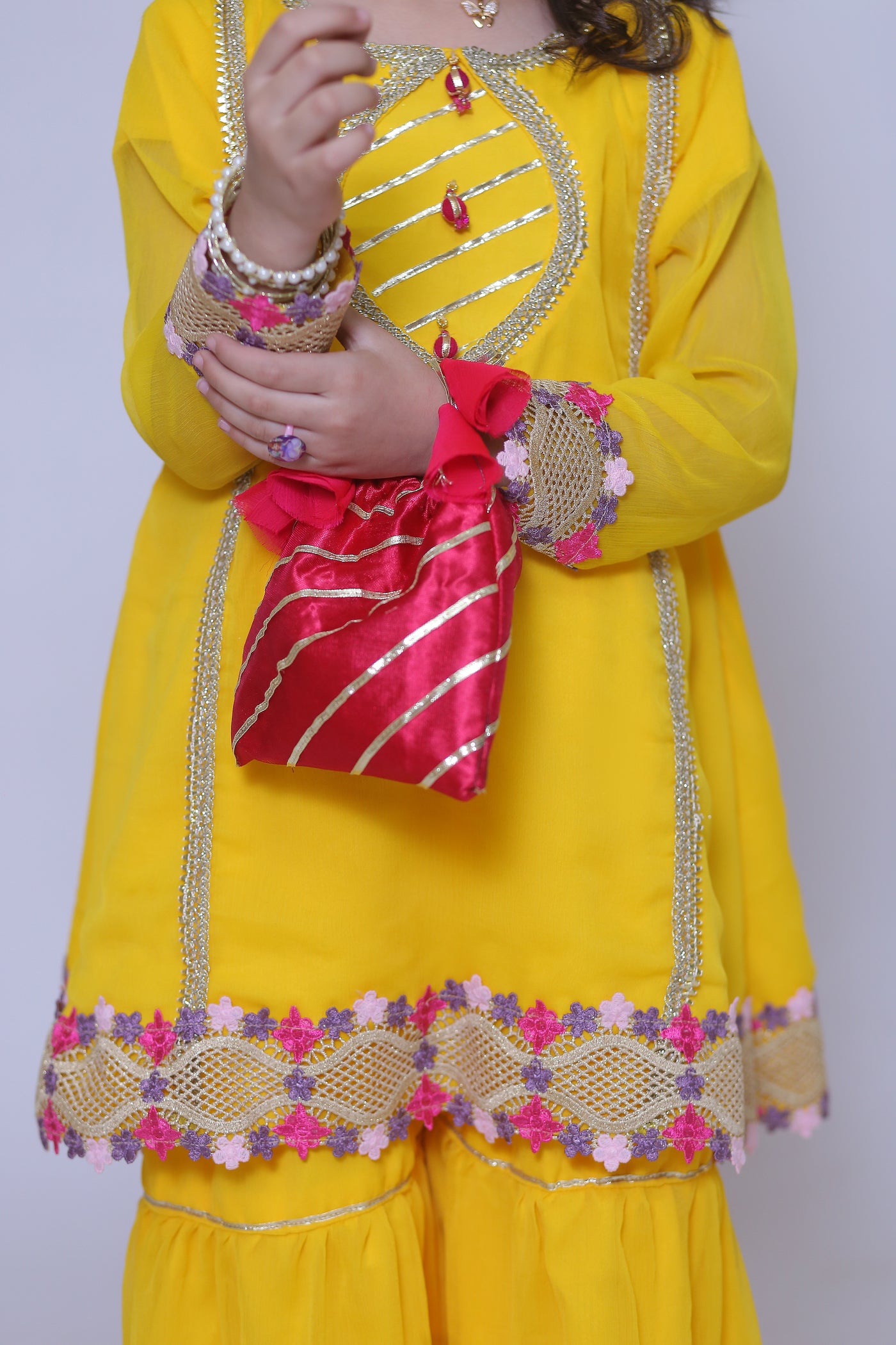 3 piece Beautiful Stunning Yellow Chiffon Gharara Suit with Shocking Pink Chiffon Dupatta & Laces with Free Pouch.(Stitch)