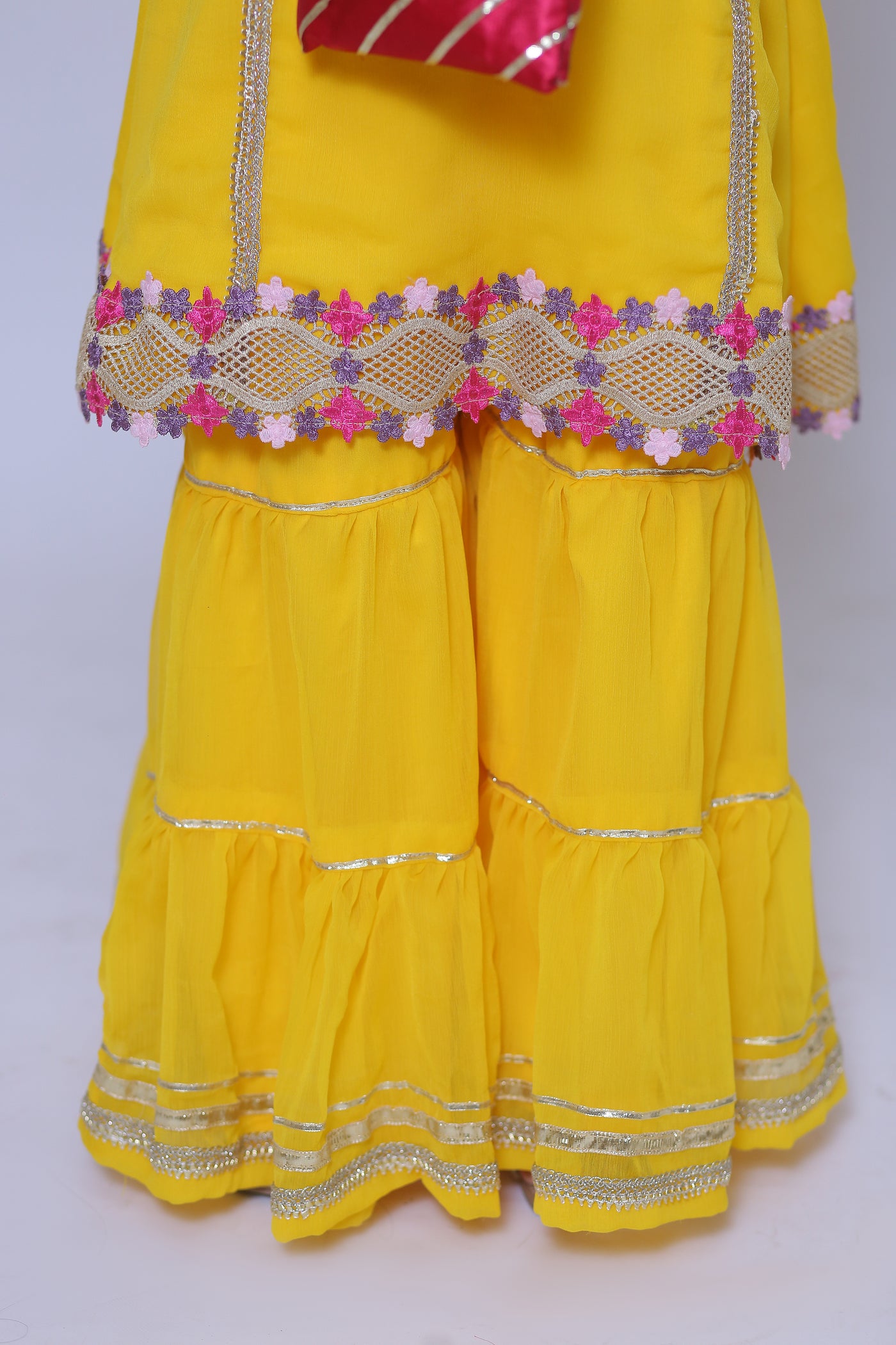 3 piece Beautiful Stunning Yellow Chiffon Gharara Suit with Shocking Pink Chiffon Dupatta & Laces with Free Pouch.(Stitch)