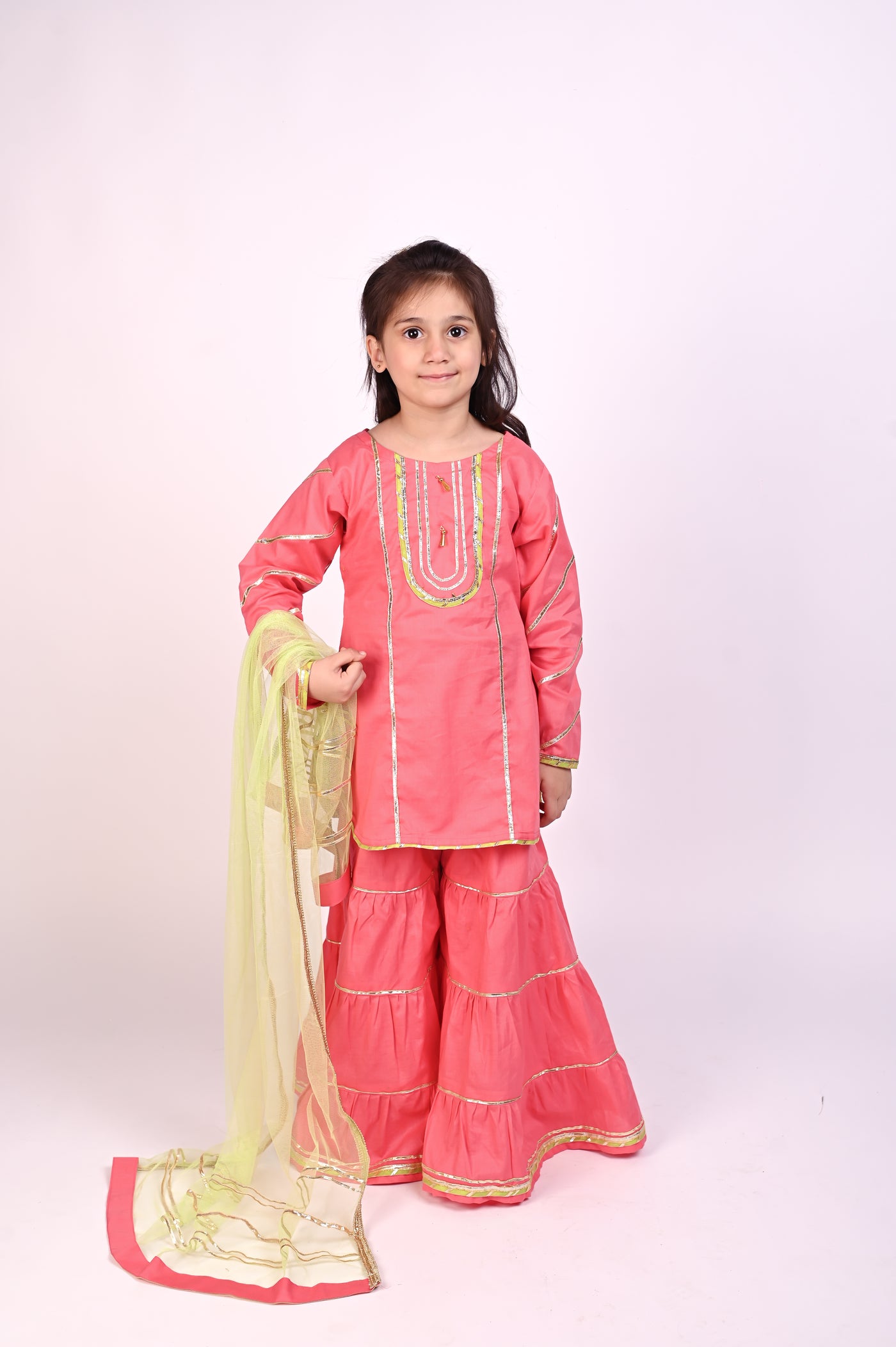 3 piece Cotton Pink Gharara Suit with Pistachio Green Net Dupatta & Pistachio Green Laces.(Stitch)