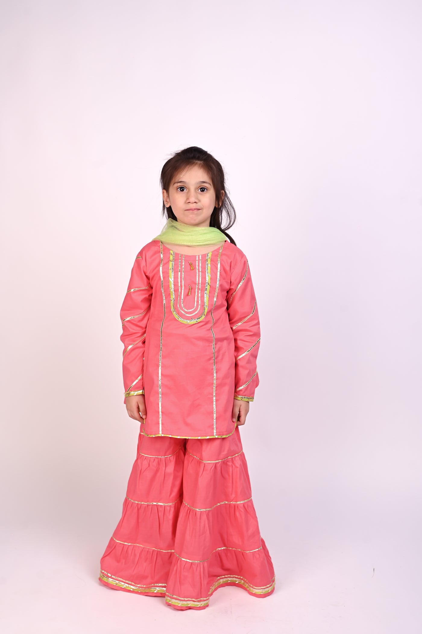 3 piece Cotton Pink Gharara Suit with Pistachio Green Net Dupatta & Pistachio Green Laces.(Stitch)