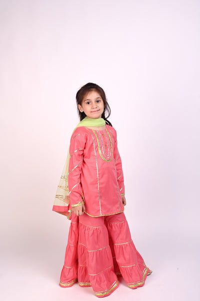 3 piece Cotton Pink Gharara Suit with Pistachio Green Net Dupatta & Pistachio Green Laces.(Stitch)