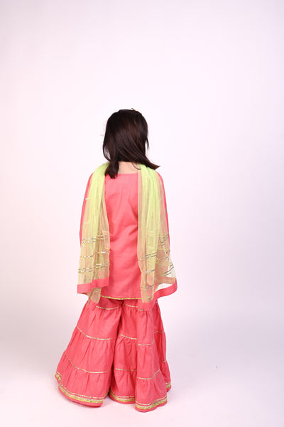 3 piece Cotton Pink Gharara Suit with Pistachio Green Net Dupatta & Pistachio Green Laces.(Stitch)