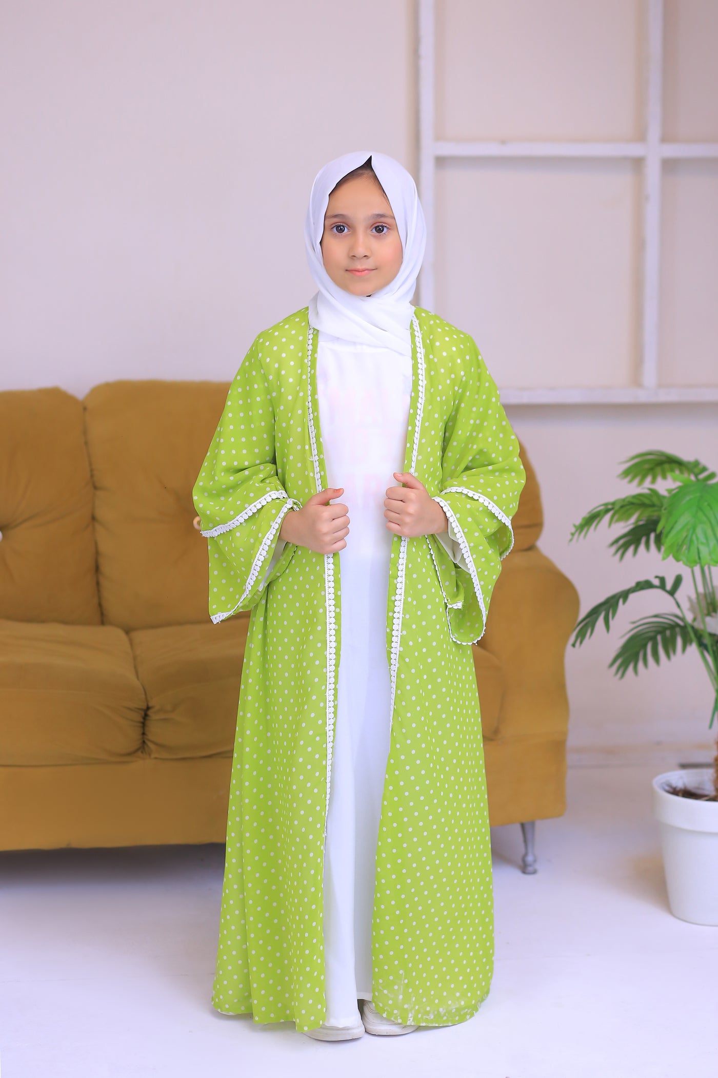 Green & White Chiffon Polkadot Kimono Abaya.(Stitch)