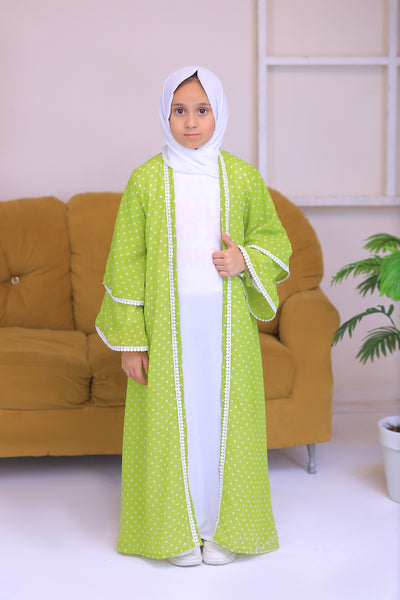 Green & White Chiffon Polkadot Kimono Abaya.(Stitch)