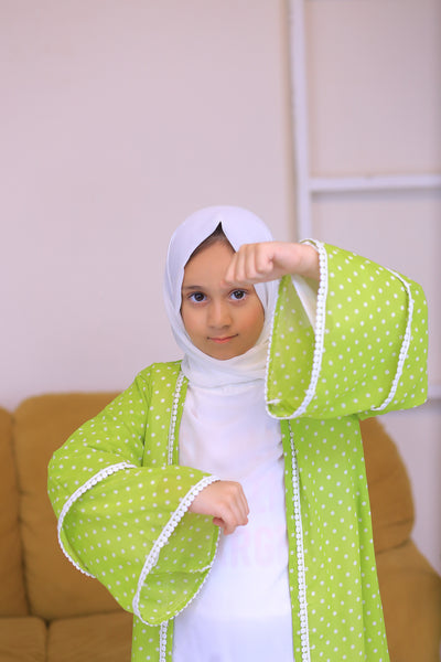 Green & White Chiffon Polkadot Kimono Abaya.(Stitch)