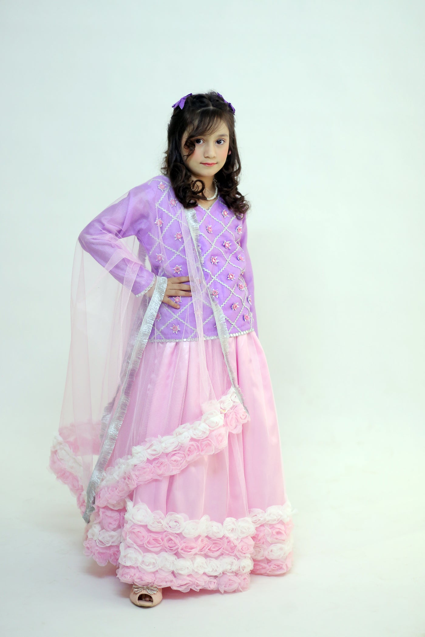 3 piece Light Purple Shirt with Baby Pink Floral Lehenga & Baby Pink Floral Dupatta.(Stitch)