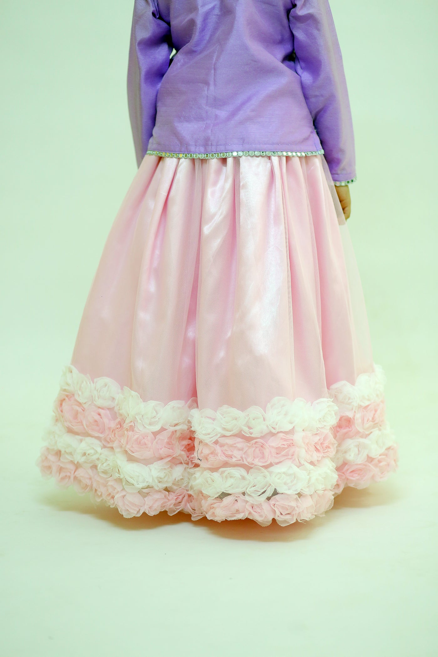 3 piece Light Purple Shirt with Baby Pink Floral Lehenga & Baby Pink Floral Dupatta.(Stitch)